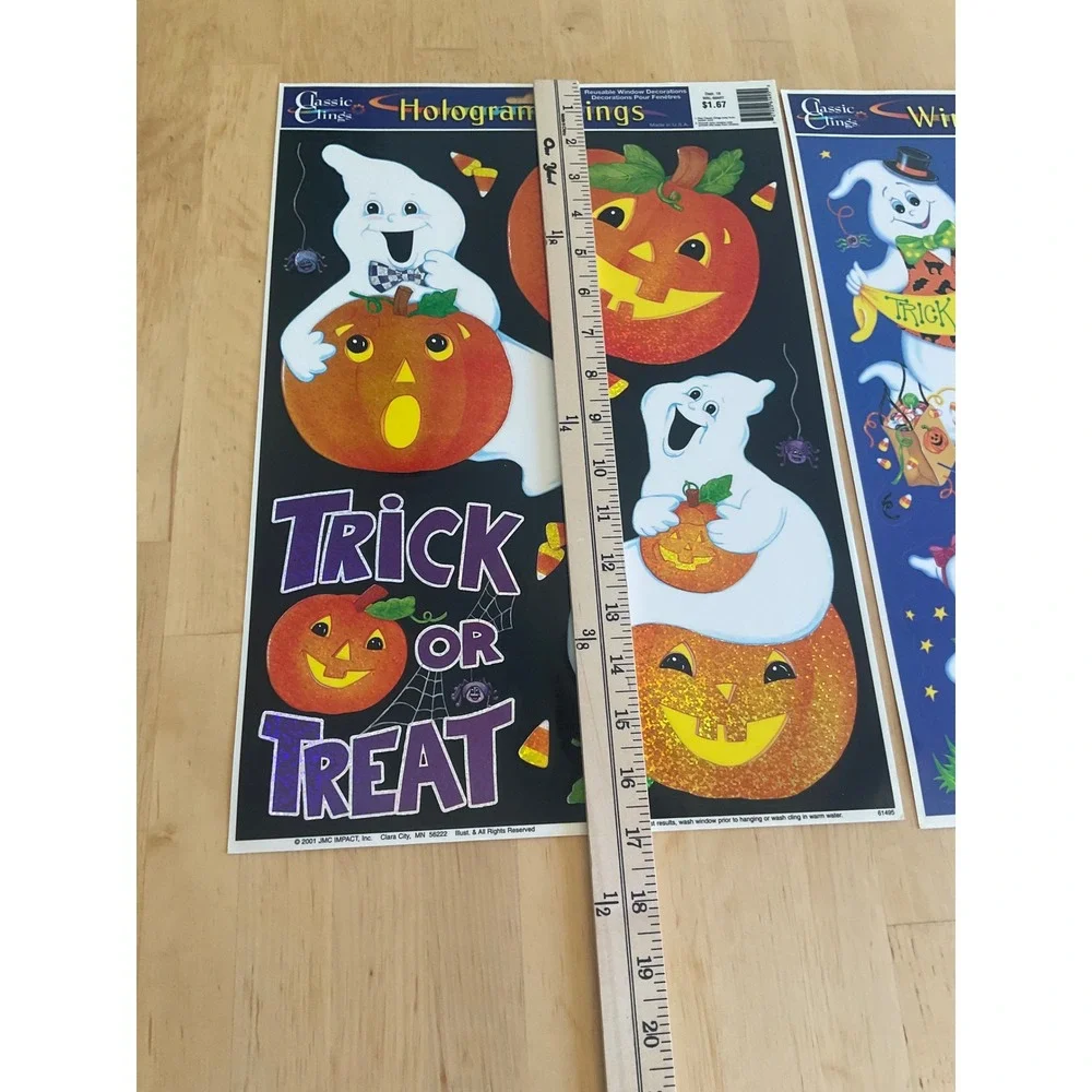 Vintage 2001 Classic Clings Halloween Window Clings Ghosts Pumpkins Hologram 2pk